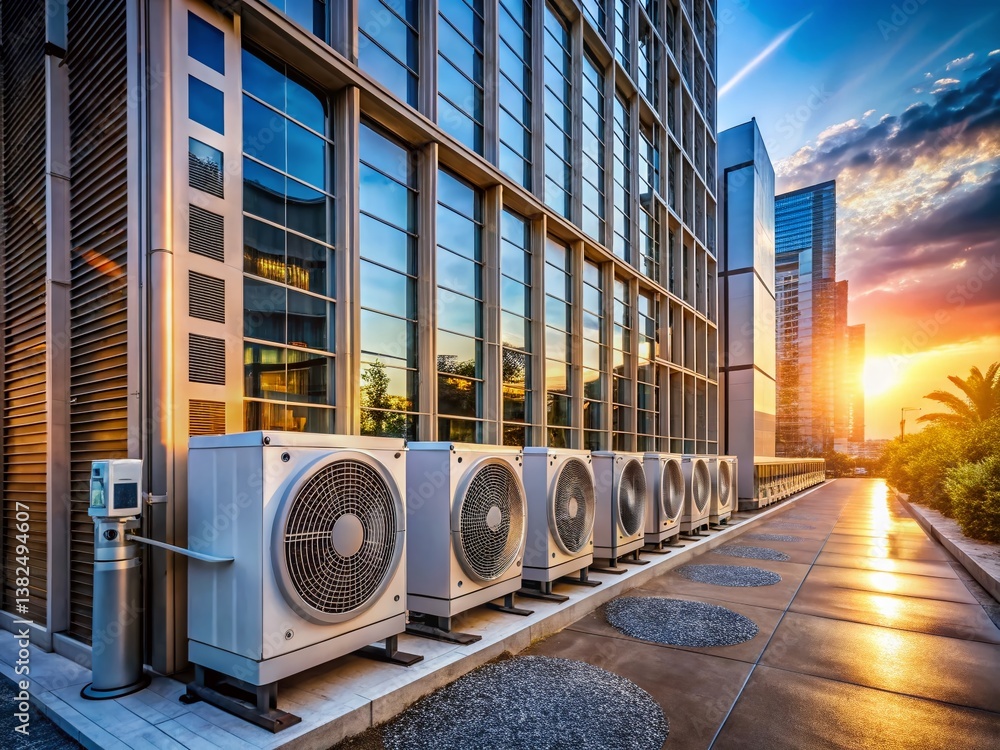 Poster modern architecture with cooling units: an array of air conditioning units lines the exterior of a s
