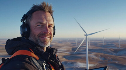 Obraz premium professional wind turbine technician smiles confidently while working at wind farm, showcasing vast landscape and turbines