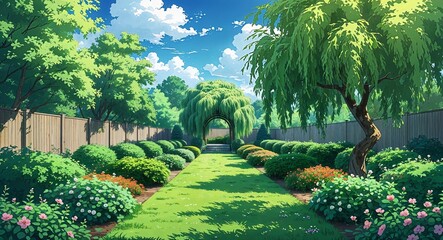 Obraz premium Lush backyard garden with rows of flowering shrubs and an arching willow tree in the center anime cartoon style illustration artwork design background