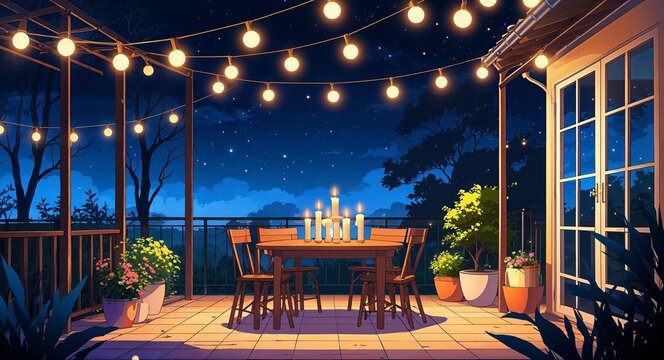 Intimate outdoor patio with string lights and candles at night anime cartoon style illustration artwork design background