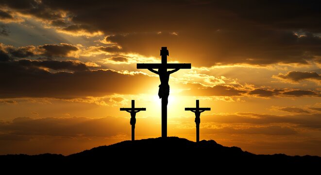 Dramatic Sunset Silhouette of Jesus Christ on the Cross with Two Thieves during Crucifixion
