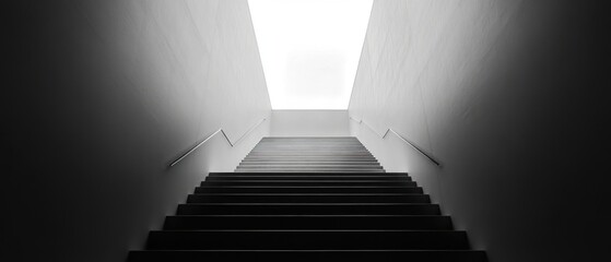 Minimalist stairway ascending towards a bright light filled opening above