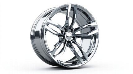 Chrome Alloy Wheel: A close-up studio shot of a gleaming chrome alloy wheel, showcasing its intricate multi-spoke design and polished finish. The wheel is set against a white background.