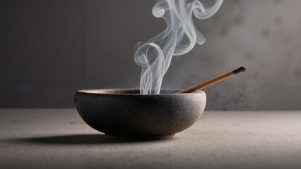 Incense stick burning in a bowl with smoke on a minimalist background  