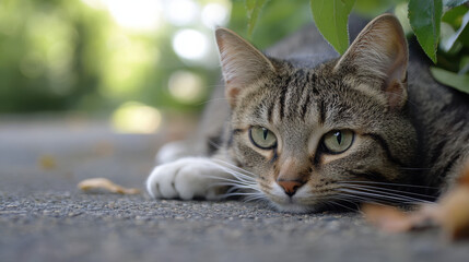 A relaxed cat lying on a path, surrounded by greenery.