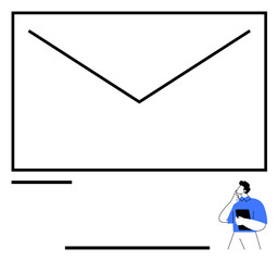 Fototapeta premium Man holding clipboard, thinking near oversized email envelope outline. Ideal for teamwork, communication, planning, ideas, digital strategy, decision-making, flat simple metaphor