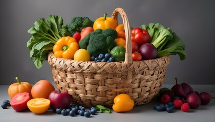 A studio shot of a woven basket filled with a variety of fresh produce against a neutral gray background