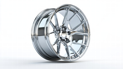 Obraz premium Chrome Wheel Elegance: A high-angle shot showcases a sleek, chrome alloy wheel, reflecting light and demonstrating the beauty of automotive design.