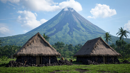 Extinct Volcano Heritage Theme, Early settlers village with thatched huts near volcano, showcasing nature beauty