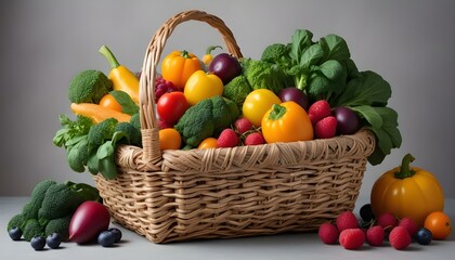 A studio shot of a woven basket filled with a variety of fresh produce against a neutral gray background