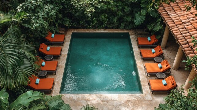 Tropical courtyard pool with lounge chairs, lush greenery, and terracotta roof