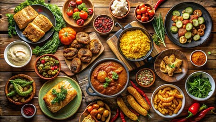 Culinary Spread: An assortment of various dishes artfully arranged on a wooden table, showcasing a colorful and diverse array of flavors and textures.