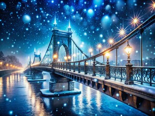 Fototapeta premium Enchanting Bridge: A captivating visual of an architecturally stunning bridge bathed in the serene blue and illuminated by twinkling lights reflecting gracefully onto the calm water below.
