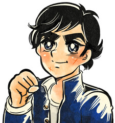 昭和のスポコン少年漫画風ガッツポーズをするヤンキー中学生のポートレートカラーイラスト