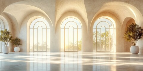 Fototapeta premium Large Sunlit White Office Room with Arched Windows and Minimalist Design