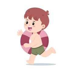 A vector illustration of a little boy runs with a swim ring, ready for  swimming. Ideal for conveying the joy and excitement of childhood summer activities.