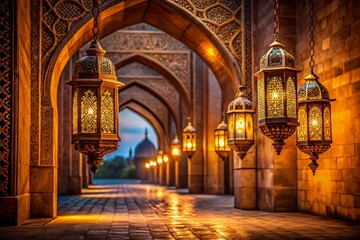 Obraz premium Golden Lanterns in Architectural Corridor: Illuminating a historic architectural corridor, warm light pours from intricately designed golden lanterns.