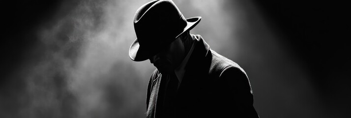 Mysterious figure in shadow, evoking film noir atmosphere and intrigue