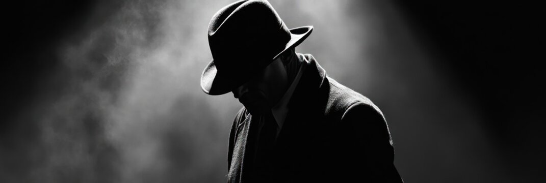 Mysterious figure in shadow, evoking film noir atmosphere and intrigue