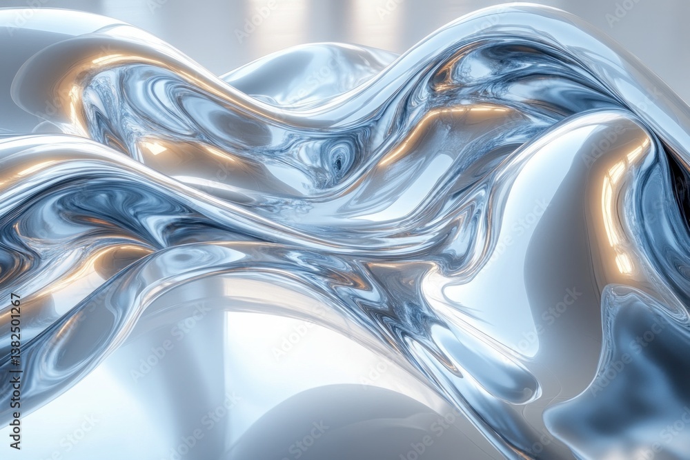 Poster liquid chrome abstract art on white background with metallic texture and gradient light