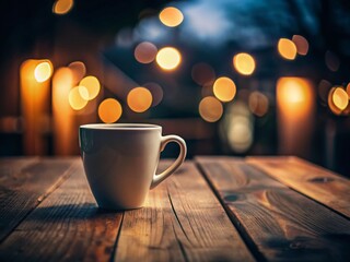 Obraz premium Cozy Morning Coffee: A ceramic mug rests serenely on a rustic wooden table, its presence warmly illuminated by the soft glow of blurred lights in the backdrop.