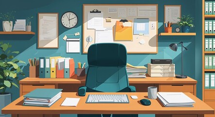 Naklejka premium Office desk with organized files and stationary anime cartoon style illustration artwork design background