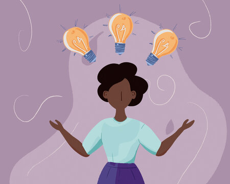Illustration of a person with light bulbs symbolizing creativity and ideas