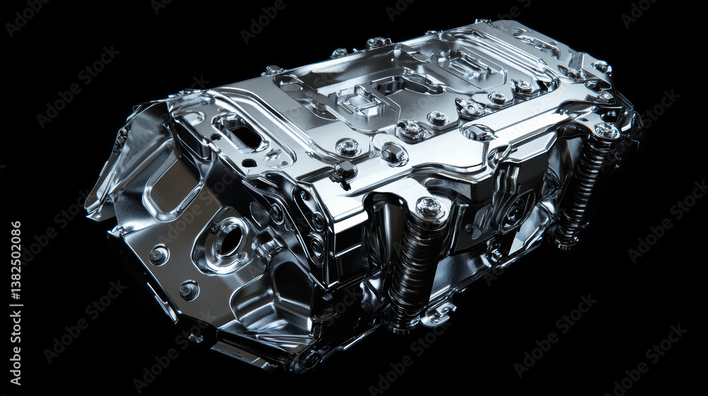 Poster metallic engine close-up: a close-up shot showcases the intricate details and gleaming surface of a 