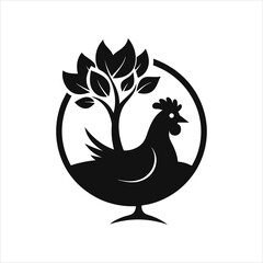 Chicken with Tree Silhouette Logo Vector Art Illustration