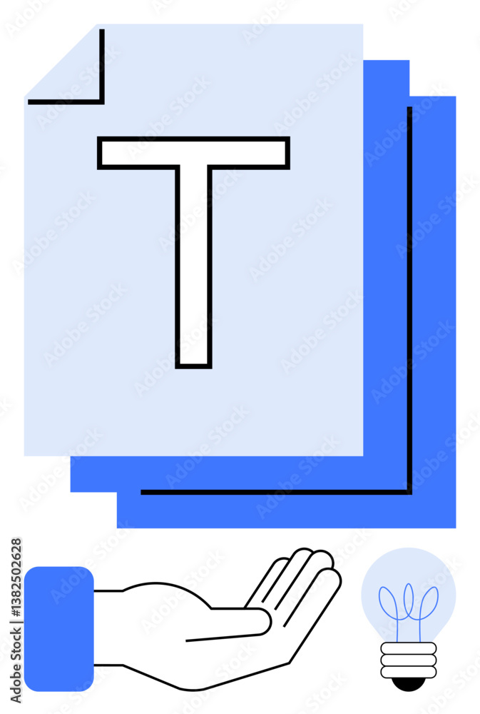 Poster open hand below stacked document with large t, lightbulb representing creative thinking and writing 