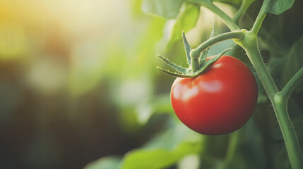 A ripe red tomato hanging on a vine in a garden setting, symbolizing freshness and growth.