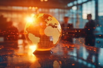 Illuminated globe on a table, blurred business background