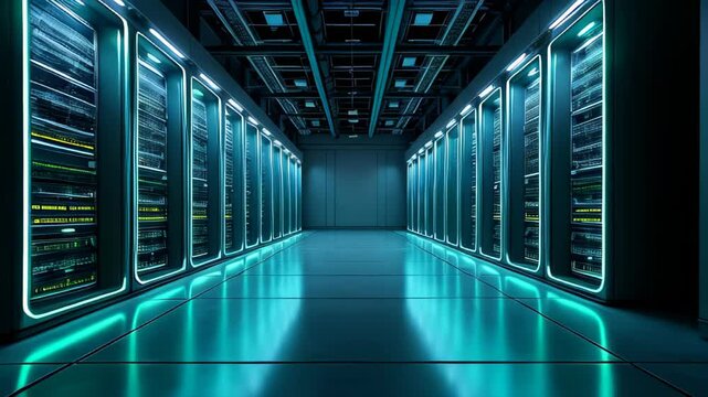 Empty corridor with a modern network server room and sleek design, featuring glass walls and an underground subway-like atmosphere in a business and urban setting