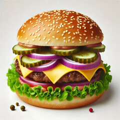 Isolated on a black background, a sesame bun sandwich with beef, cheese, lettuce, and tomato presents a fast food meal