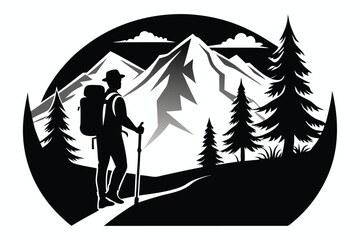 Hiker Silhouette With Backpack, Trekking Pole and Mountain View in Transparent Background