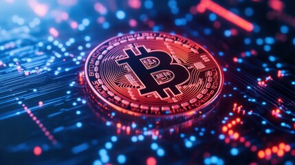 A glowing Bitcoin coin sits on a futuristic digital circuit board, symbolizing cryptocurrency and blockchain technology