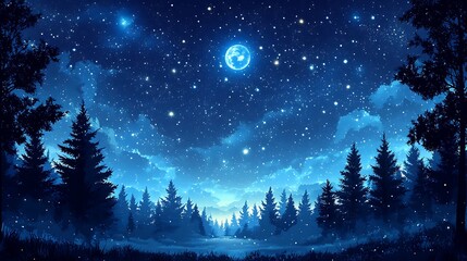 Fototapeta premium Moonlit forest, starry night, digital art, tranquil scene, nature background