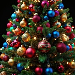 A Christmas tree adorned with colorful lights and ornaments, festive and warm.