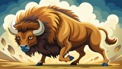 Fototapeta premium bison side view running raising dust from the ground