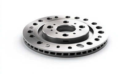 Automotive Brake Disc: A close-up shot of a pristine, metallic brake disc showcasing its intricate design of holes and grooves, symbolizing automotive engineering and safety.