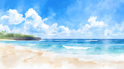 Obraz premium serene beach scene with soft waves, bright blue sky, and fluffy clouds creates peaceful atmosphere. sandy shore invites relaxation and tranquility