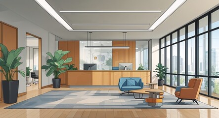 Office reception area with sleek furniture and contemporary decor anime cartoon style illustration artwork design background