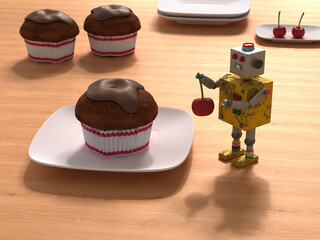 3D rendering of a toy robot serving a cupcake with a cherry on a wooden table