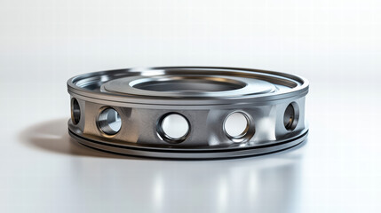 Industrial Component: Metallic component, showcasing industrial design and engineering. The object's geometric shapes and reflective surfaces hint at functionality and modern aesthetics