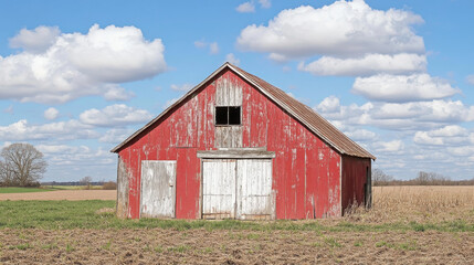 A rustic red barn stands in an open field under a blue sky with fluffy clouds.