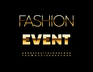 Vector Elegant icon Fashion Event. Glossy Elite Gold Font. Golden Premium Alphabet Letters and Numbers set