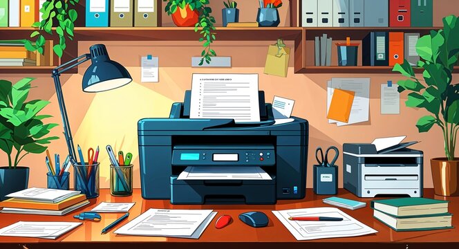 Office workspace with a printer papers and supplies organized on desk anime cartoon style illustration artwork design background