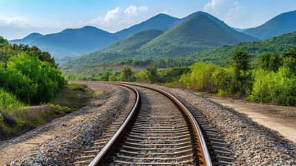 Fototapeta premium A scenic view of curved railway tracks leading through lush green mountains under a blue sky.