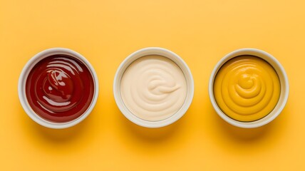 Variety of Sauces Ketchup, Mayonnaise and Mustard in White Bowls