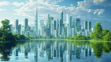 Obraz premium Eco-Cityscape: A Sustainable Urban Utopia Reflected in Tranquil Waters
